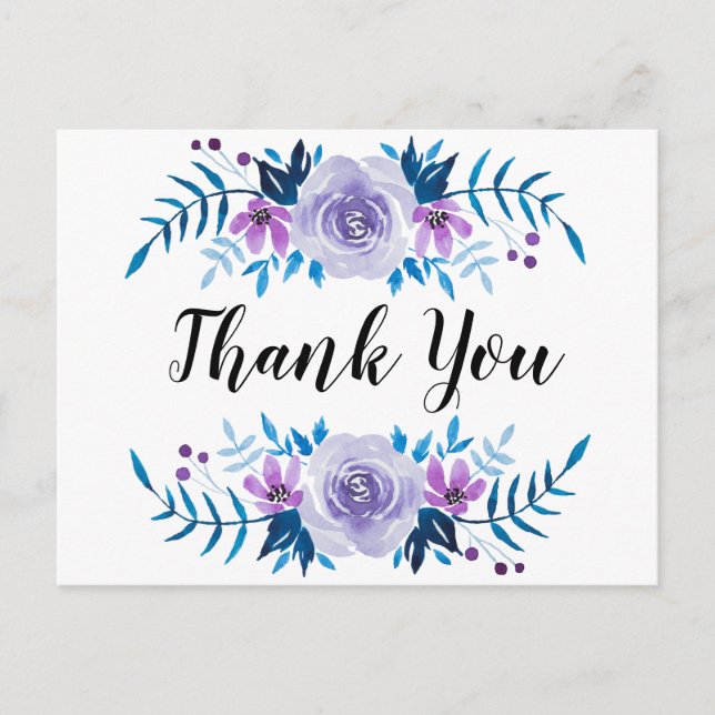 Postal Acuarela Azul Morado Floral Wreath Gracias (Anverso)