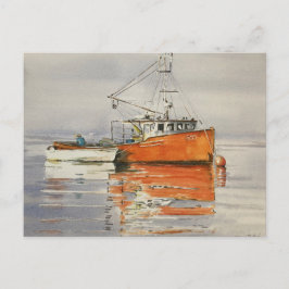 Postal Acuarela Barco de Pesca Maine Océano Naranja Seren