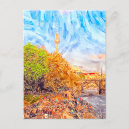 Postal Acuarela Berlín. Ambiente nocturno en Monbijoupark