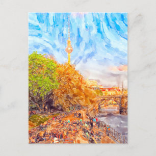 Postal Acuarela Berlín. Ambiente nocturno en Monbijoupark