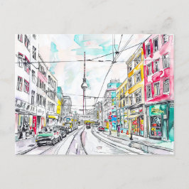 Postal Acuarela Berlín Mitte y Torre de la Televisión