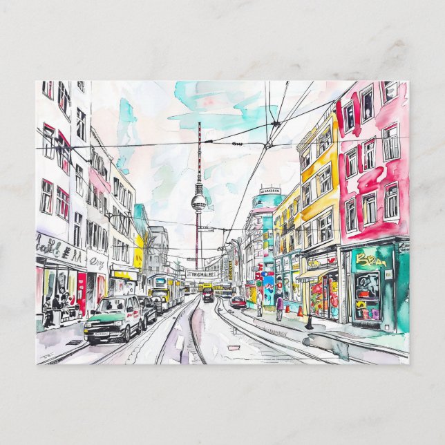 Postal Acuarela Berlín Mitte y Torre de la Televisión (Anverso)