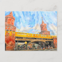 Postal Acuarela Berlín. S-Bahn en Oberbaumbrücke