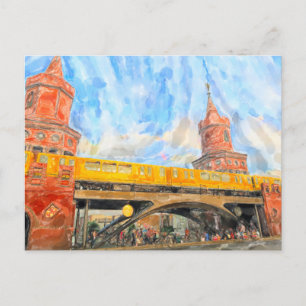 Postal Acuarela Berlín. S-Bahn en Oberbaumbrücke
