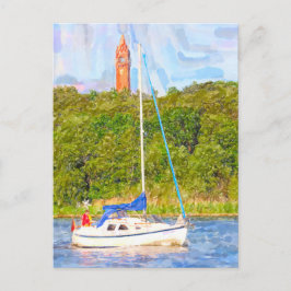 Postal Acuarela Berlín. Torre Grunewald y barco Havel