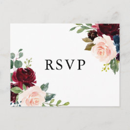 Postal Acuarela Borgoña y Flores Azules Boda RSVP