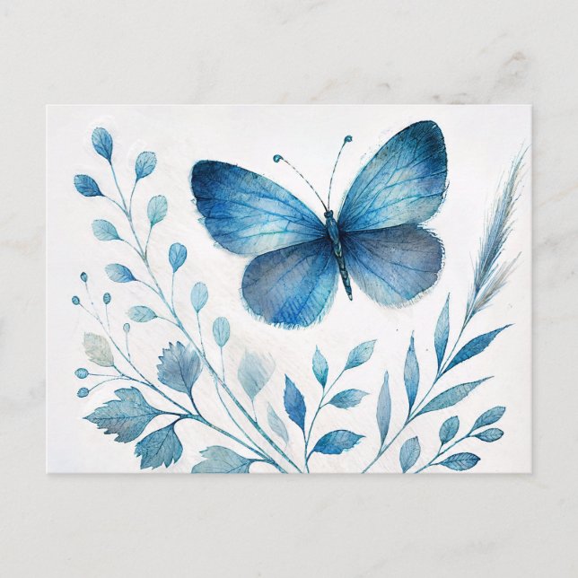 Postal Acuarela Botánica de Mariposa Azul (Anverso)