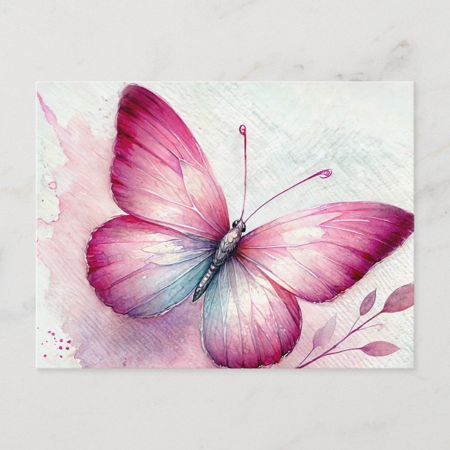 Postal Acuarela Botánica de Mariposa Rosa (Anverso)
