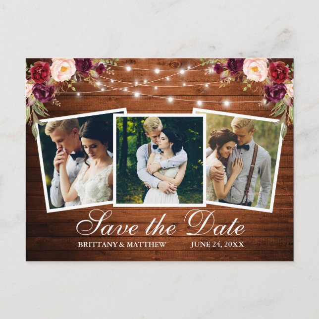 Postal Acuarela Burgundy Floral Luces de Madera 3 Foto (Anverso)