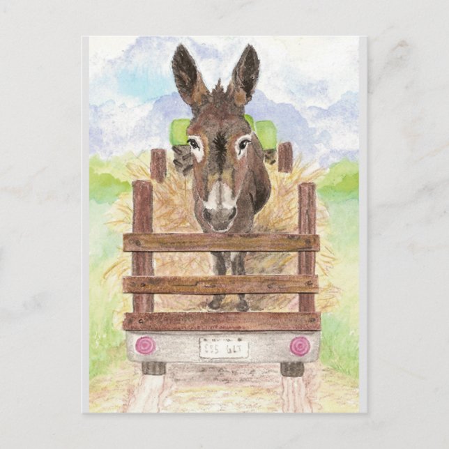 Postal Acuarela Burro Burro Cuesta Granja Animal Arte (Anverso)