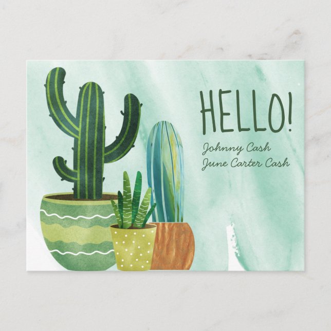Postal Acuarela Cactus Hola Saludo Personalizado (Anverso)