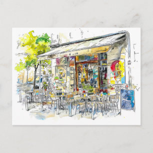 Postal Acuarela Café en la Calle de Berlín Prenzlauer Ber