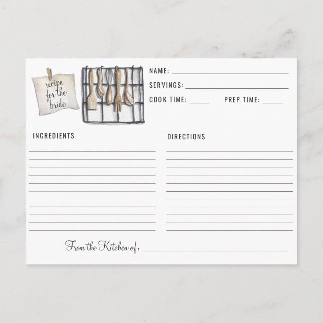 Postal Acuarela Cocina Utensils Receta de Ducha Bridal (Reverso)