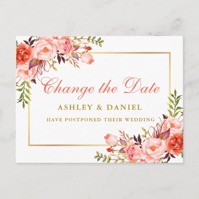 Postal Acuarela Coral Floral Gold Cambiar la fecha (Anverso)