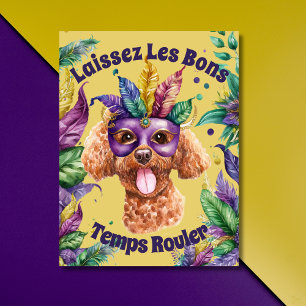 Postal Acuarela Cuta Poodle con máscara Mardi gras