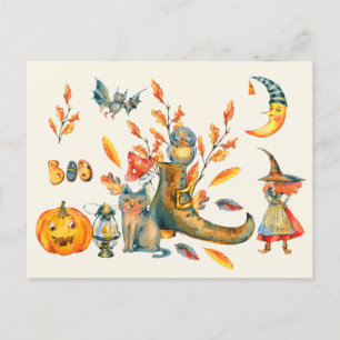 Postal Acuarela Cute Boo Feliz Encuentro de Halloween