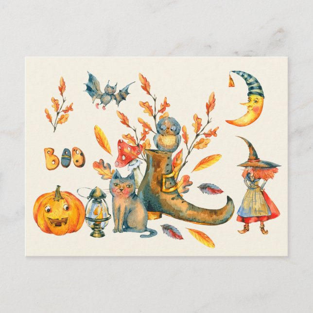 Postal Acuarela Cute Boo Feliz Encuentro de Halloween (Anverso)