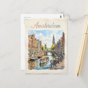 Postal Acuarela de Ámsterdam Países Bajos