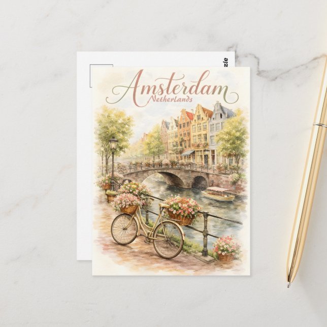 Postal Acuarela de Amsterdam Países Bajos (Anverso/Reverso In Situ)