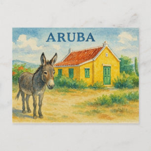 Postal Acuarela de burro de Aruba y casa Cunucu