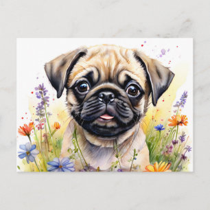 Postal Acuarela de cachorro picado en flores silvestres d