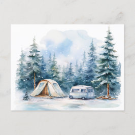 Postal Acuarela de camping de invierno