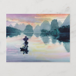 Postal Acuarela de China de "pescador temporal"