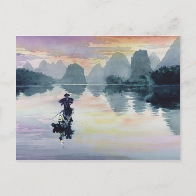 Postal Acuarela de China de "pescador temporal" (Anverso)