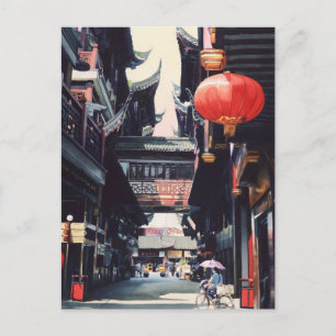 Postal Acuarela de China "Mercado de Shanghai"