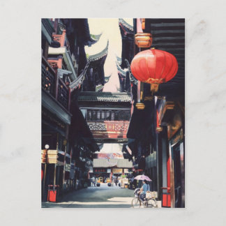 Postal Acuarela de China "Mercado de Shanghai"