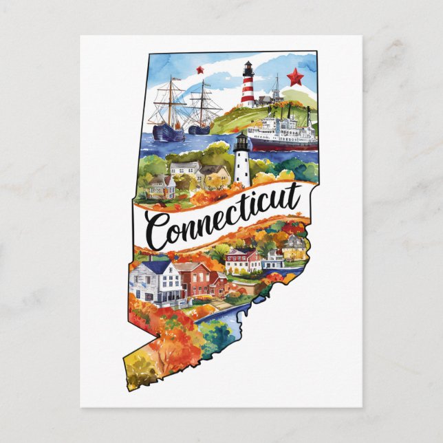 Postal Acuarela de época de época de Connecticut de Estad (Anverso)