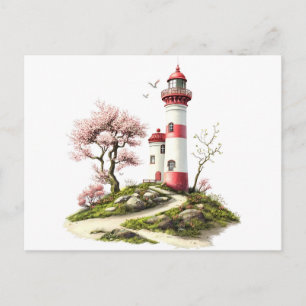 Postal Acuarela de faro y flor de cerezo