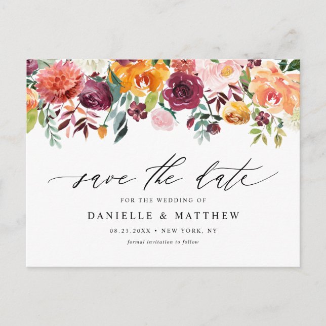 Postal Acuarela de flores de otoño Save the Date (Anverso)