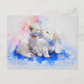 Postal Acuarela de gato de perro Amor