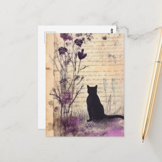 Postal Acuarela de gato negro (Anverso/Reverso In Situ)