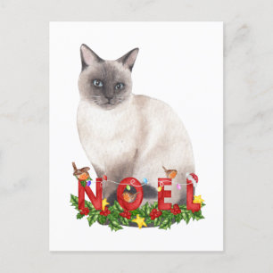 Postal Acuarela de gato siamesa para navidades