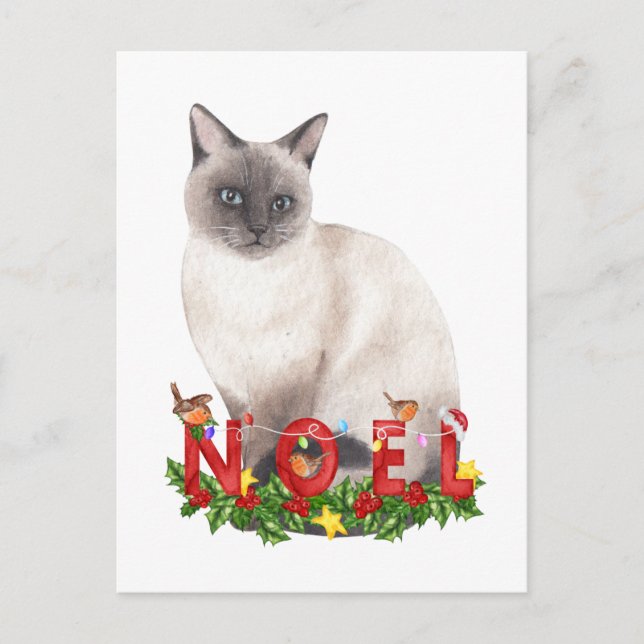 Postal Acuarela de gato siamesa para navidades (Anverso)