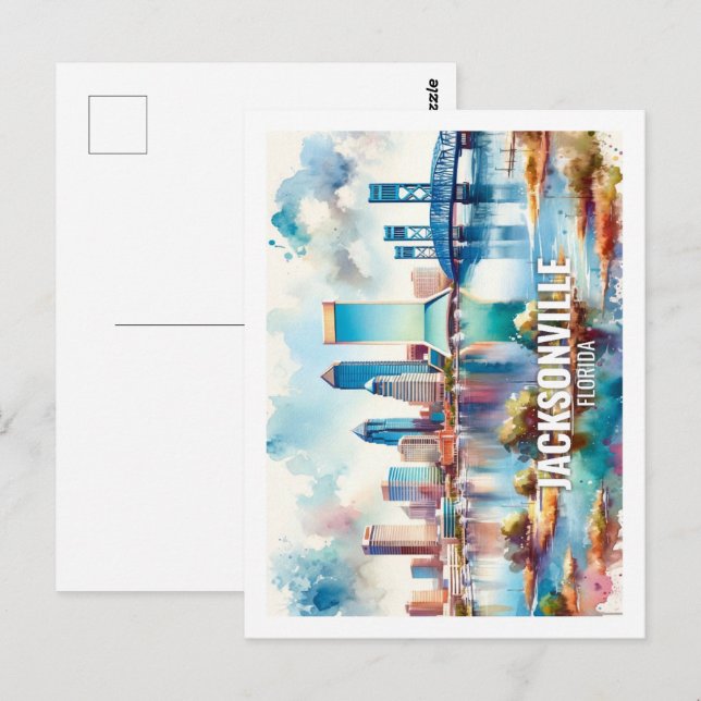 Postal Acuarela de Jacksonville Florida Famous Travel (Anverso / Reverso)
