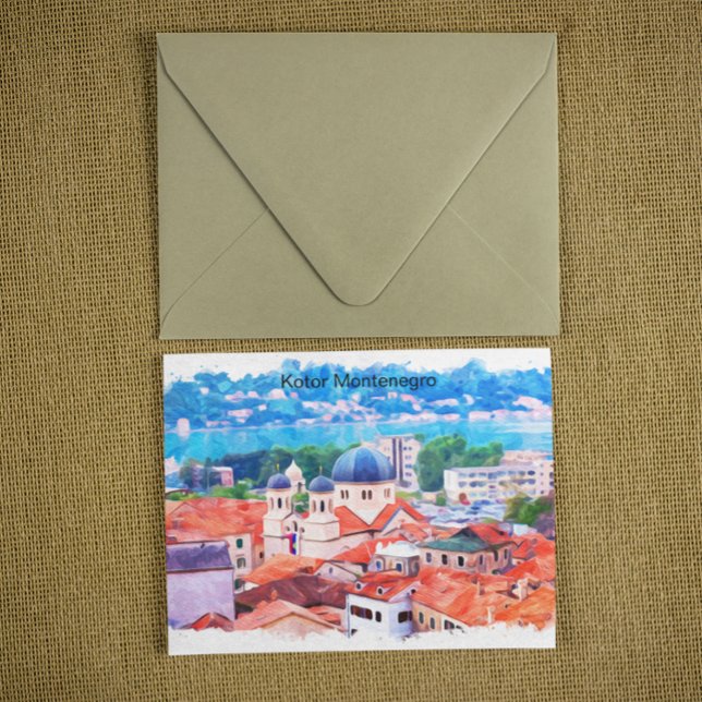 Postal Acuarela de Kotor Montenegro (kotor montenegro watercolor postcard)