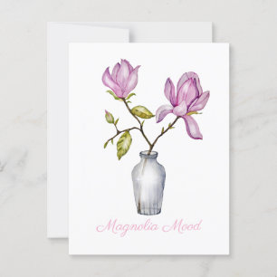 Postal Acuarela de Magnolia Rosa Botánica