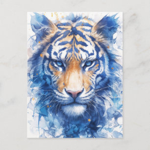 Postal Acuarela de majestuoso tigre de ojos azules