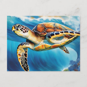 Postal Acuarela de ola de tortuga marina dinámica