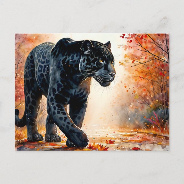 Postal Acuarela de otoño de jaguar negro (Anverso)