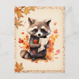 Postal Acuarela de otoño Raccoon sosteniendo una carta -