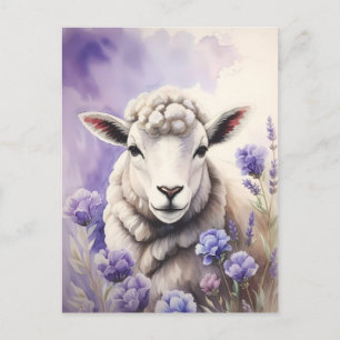 Postal Acuarela de oveja lanuda y flores de lavanda