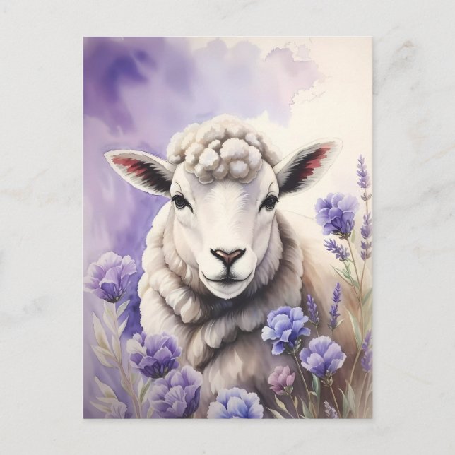 Postal Acuarela de oveja lanuda y flores de lavanda (Anverso)