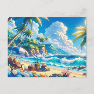 Postal Acuarela de playa de isla tropical vibrante