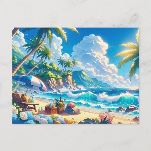 Postal Acuarela de playa de isla tropical vibrante (Anverso)