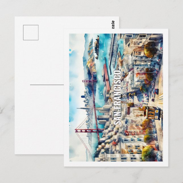 Postal acuarela de San Francisco California (Anverso / Reverso)