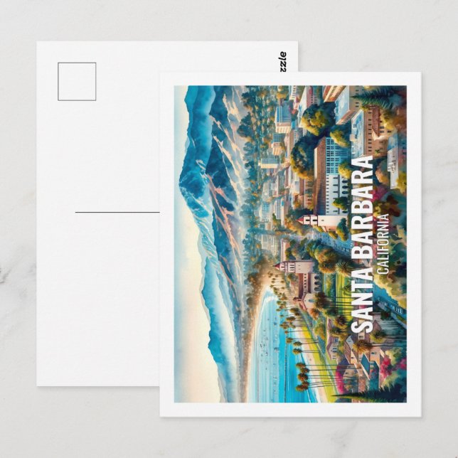Postal acuarela de Santa Bárbara California (Anverso / Reverso)